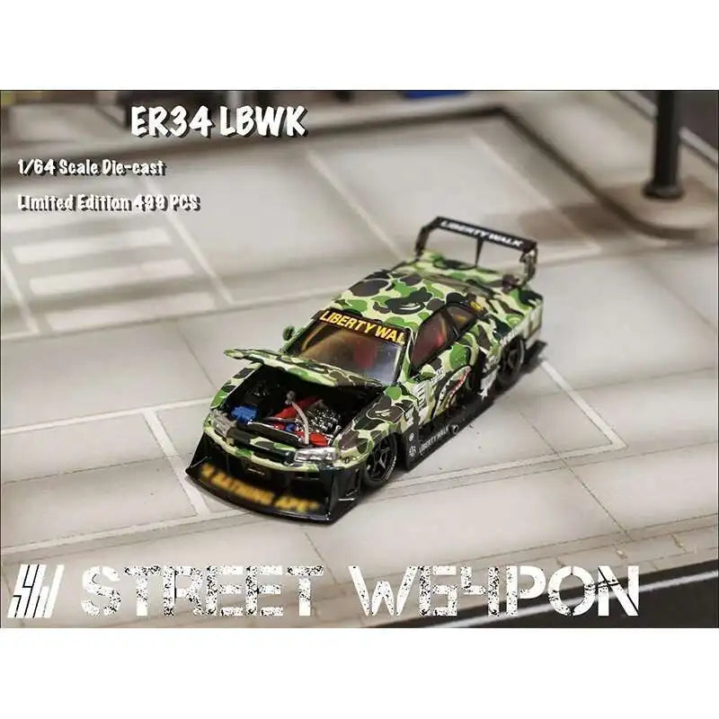 Sw 1 64 Lbwk GT-R Er34 Silhouette Camouflage Opened Hood 1:64 Diecast