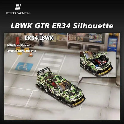 Sw 1 64 Lbwk GT-R Er34 Silhouette Camouflage Opened Hood 1:64 Diecast
