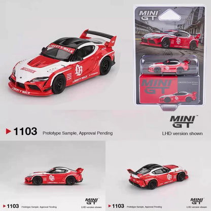 Toyota GR Supra LBWK Red White MINI GT 1:64 Scale Diecast Model Car