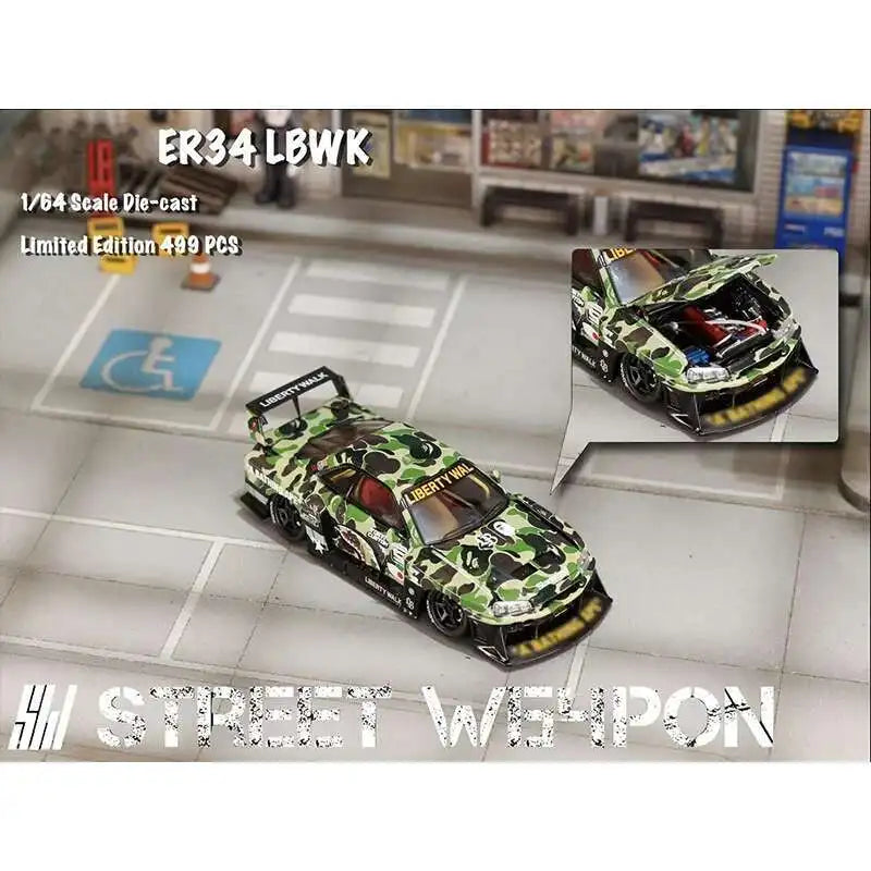 Sw 1 64 Lbwk GT-R Er34 Silhouette Camouflage Opened Hood 1:64 Diecast