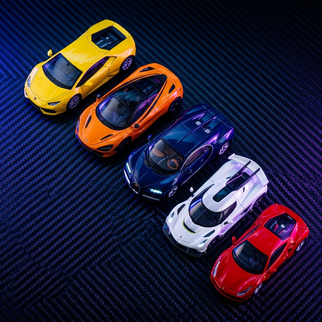 Supercar diecast collection — Lamborghini Huracan, McLaren 720S, Bugatti Chiron and Koenigsegg on carbon fiber