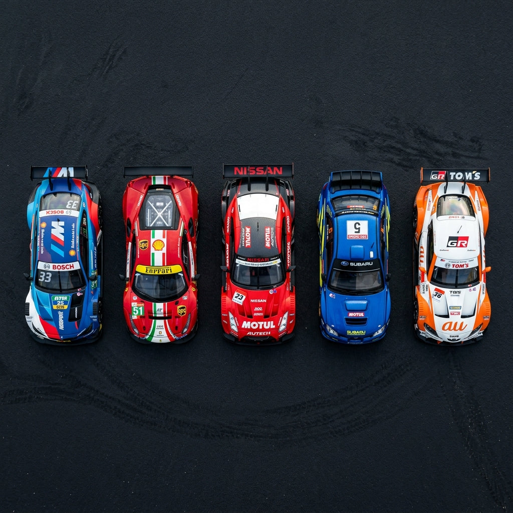 Racing diecast model cars flat lay — DTM BMW, Le Mans Ferrari, GT500 Nissan, WRC Subaru in 1:64 scale