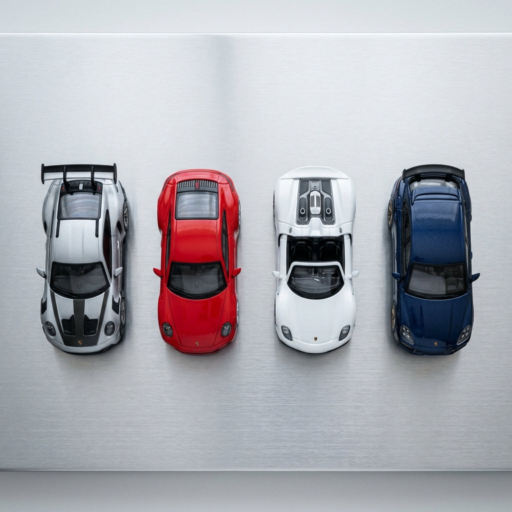 Porsche diecast model cars — 911 GT3 RS, Carrera S, 918 Spyder and Cayenne in 1:64 scale on brushed aluminum