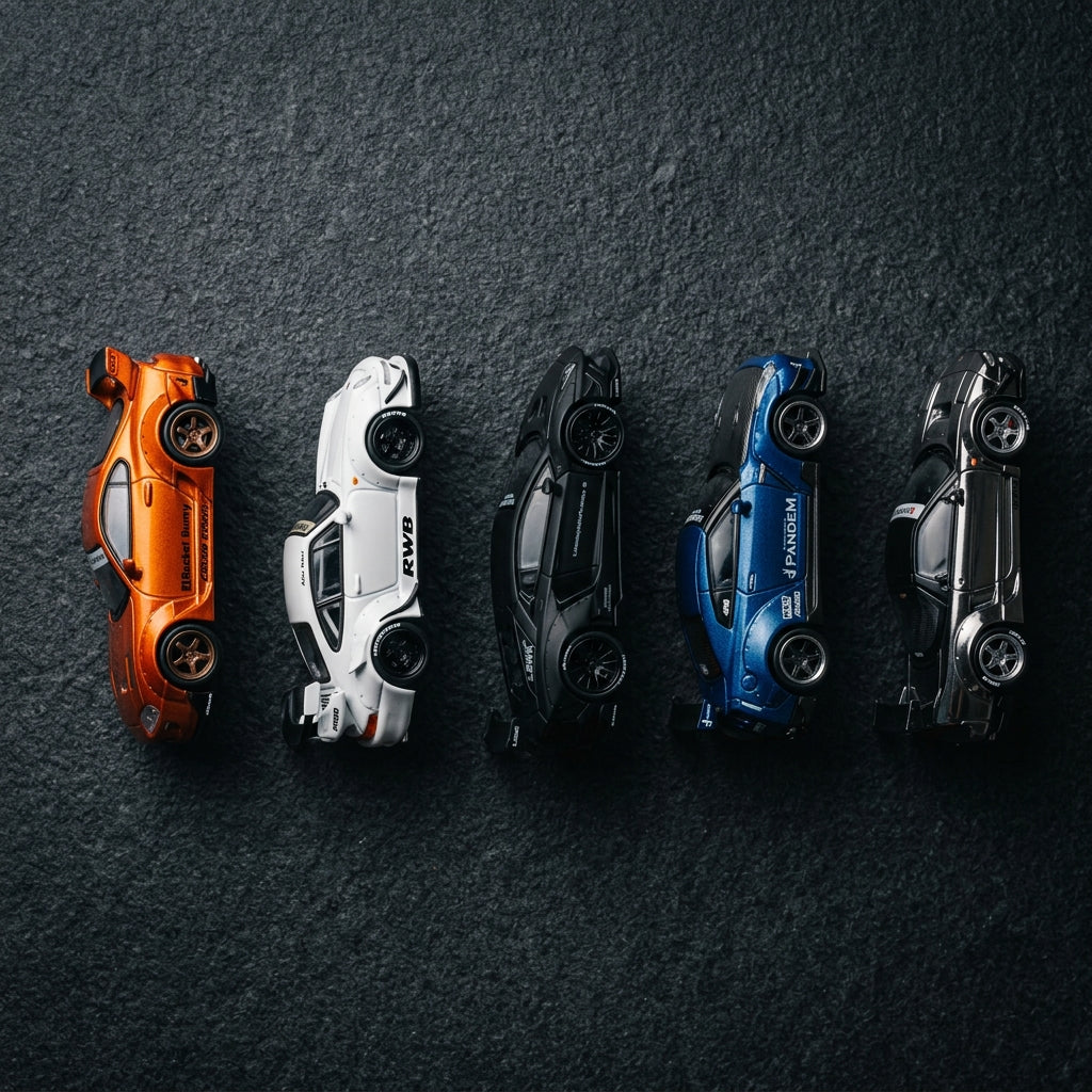Street Icons widebody diecast cars — LB Works, RWB Porsche, Pandem Toyota Supra in 1:64 scale