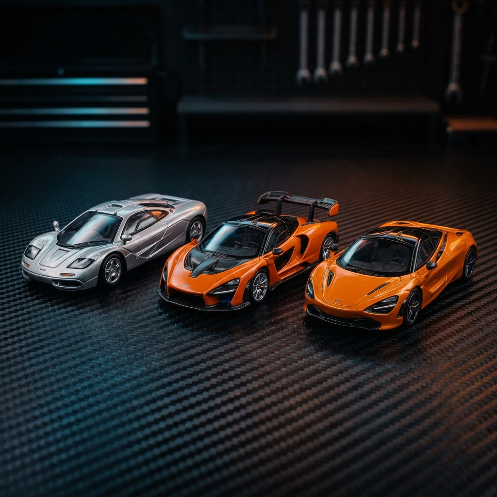 McLaren Diecast Models - F1, Senna and 720S on Carbon Fiber