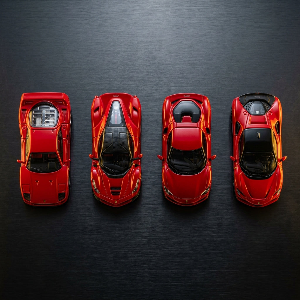 Ferrari diecast model cars — F40, LaFerrari, SF90 Stradale and 296 GTB in 1:64 scale