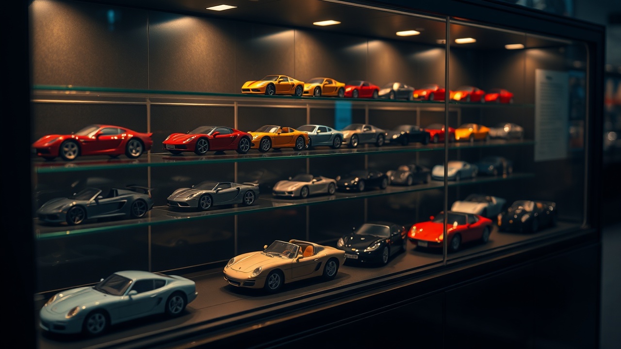 Premium diecast model car collection in glass display cabinet