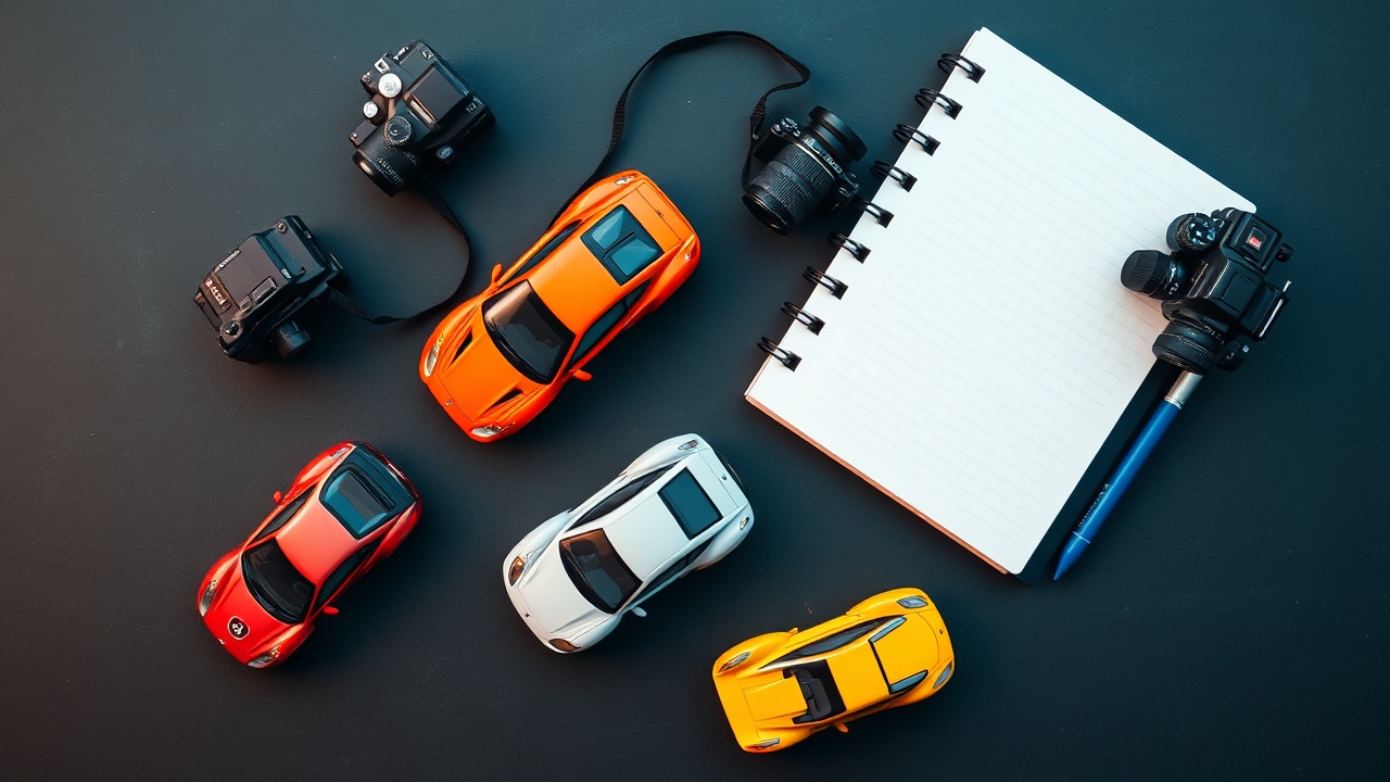 Diecast model cars editorial flat lay with notebook