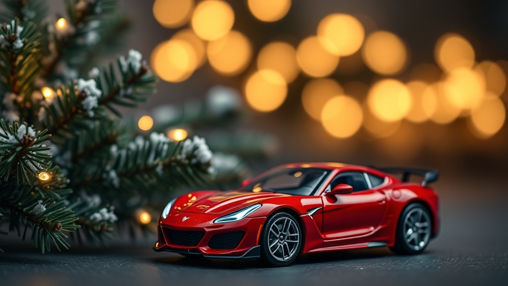 Red diecast car with christmas lights and tree