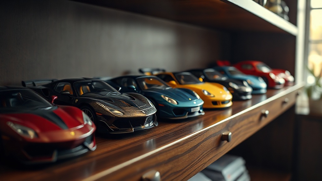 1:18 scale model cars displayed on a collector shelf