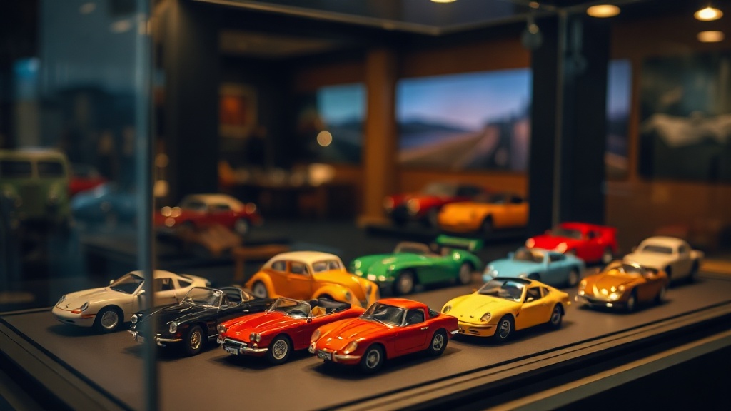 1:43 scale cars arranged in a glass display cabinet