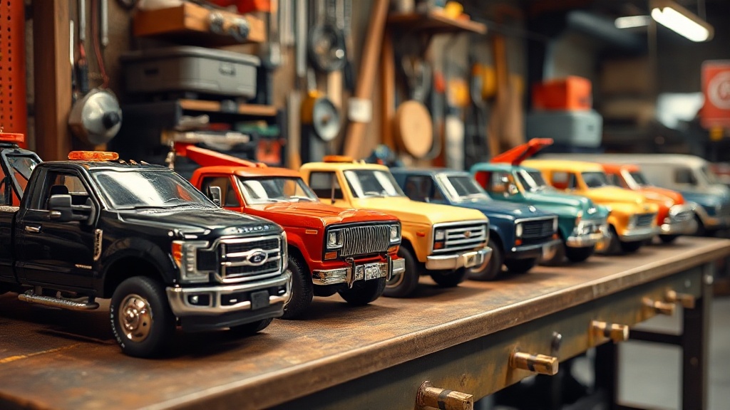 1:64 diecast trucks and vans lined up on a workshop bench