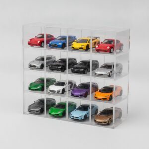 1:64 diecast display case with twelve acrylic slots holding model cars