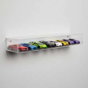 Wall mount display shelf holding a row of 1:64 diecast cars
