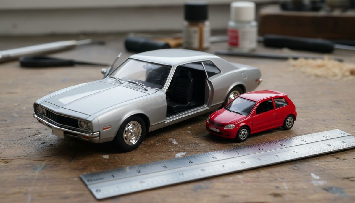 1/24 scale model car next to a 1:64 diecast car and a ruler for size comparison